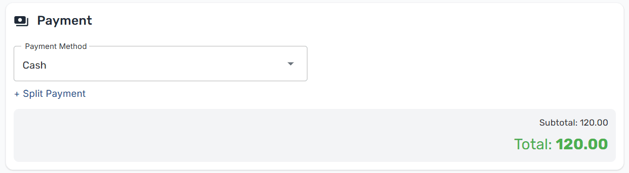 Payment section showing the payment method dropdown, a Split Payment link, and the invoice total