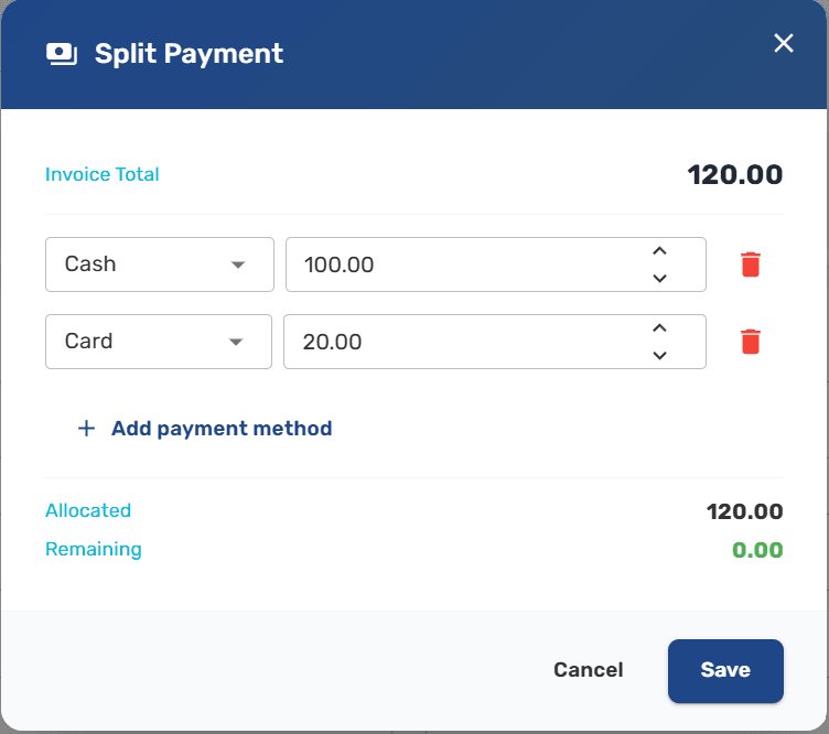 Split Payment dialog with multiple payment rows, allocated and remaining totals, and Save and Cancel buttons