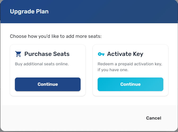 Upgrade Plan modal on the POS Manager page showing the Purchase Seats and Activate Key cards side by side
