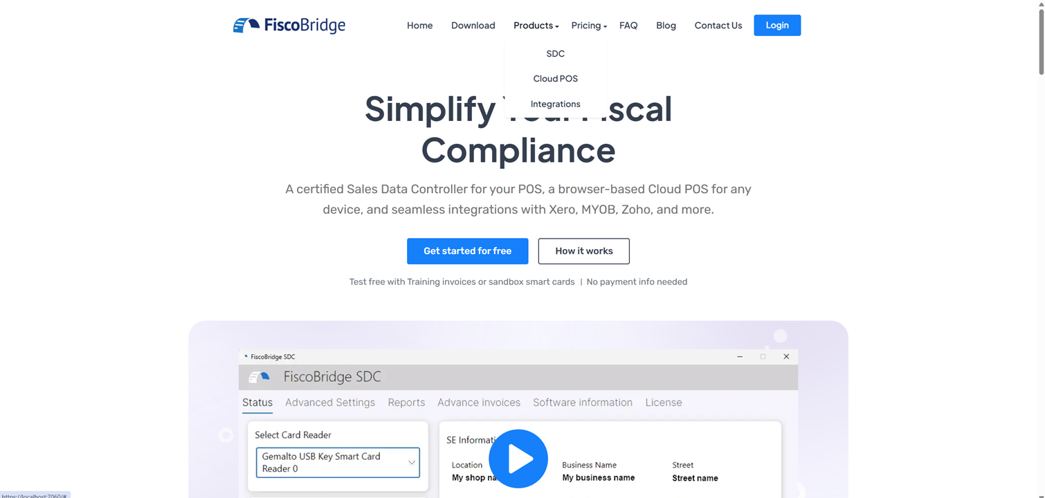 FiscoBridge homepage showing the three product options: SDC, Cloud POS, and Integrations