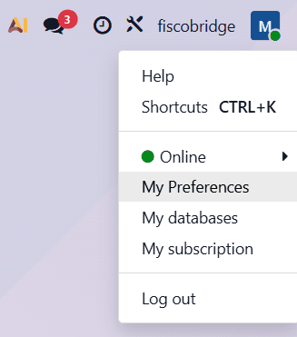 Odoo avatar menu opened with the My Preferences option highlighted
