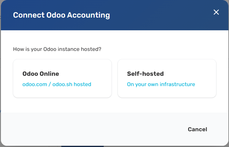 Odoo configuration dialog step 1 showing the Odoo Online and Self-hosted deployment cards