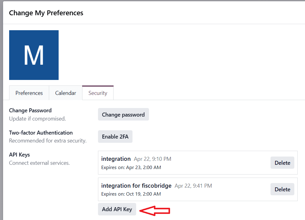 Odoo Preferences dialog on the Account Security tab with the New API Key button highlighted