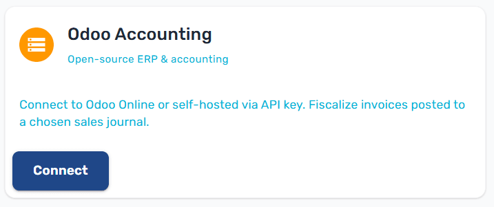 New Integration page showing platform cards with the Odoo Accounting card highlighted