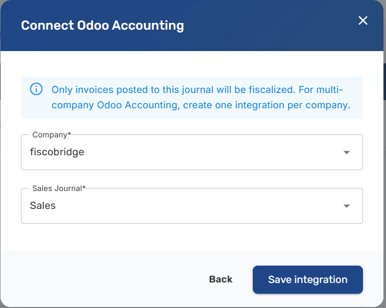 Odoo company and sales journal selection step with dropdowns populated from the live Odoo instance