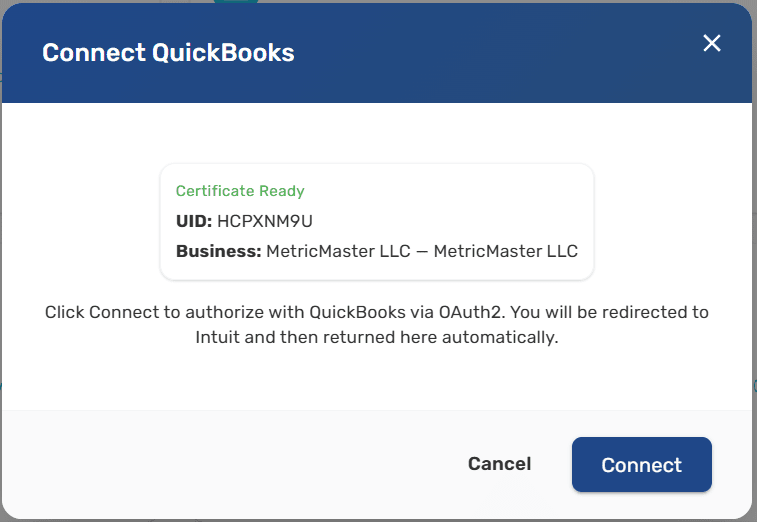 FiscoBridge QuickBooks dialog showing the Certificate Ready card and the Connect button