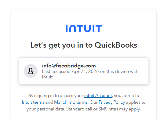 Intuit authorization page asking to select a QuickBooks company and grant FiscoBridge access