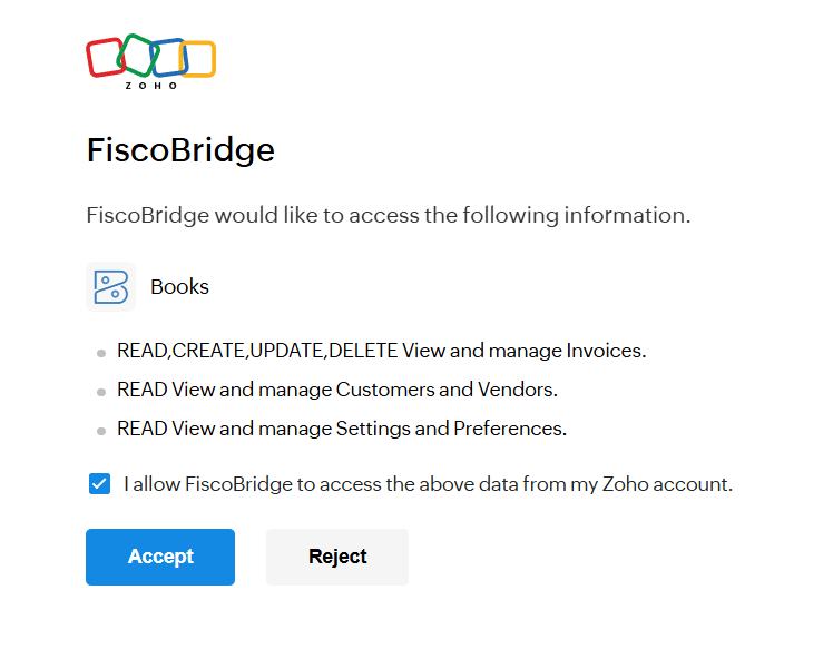 Zoho Books authorization page asking to select an organization and allow FiscoBridge access